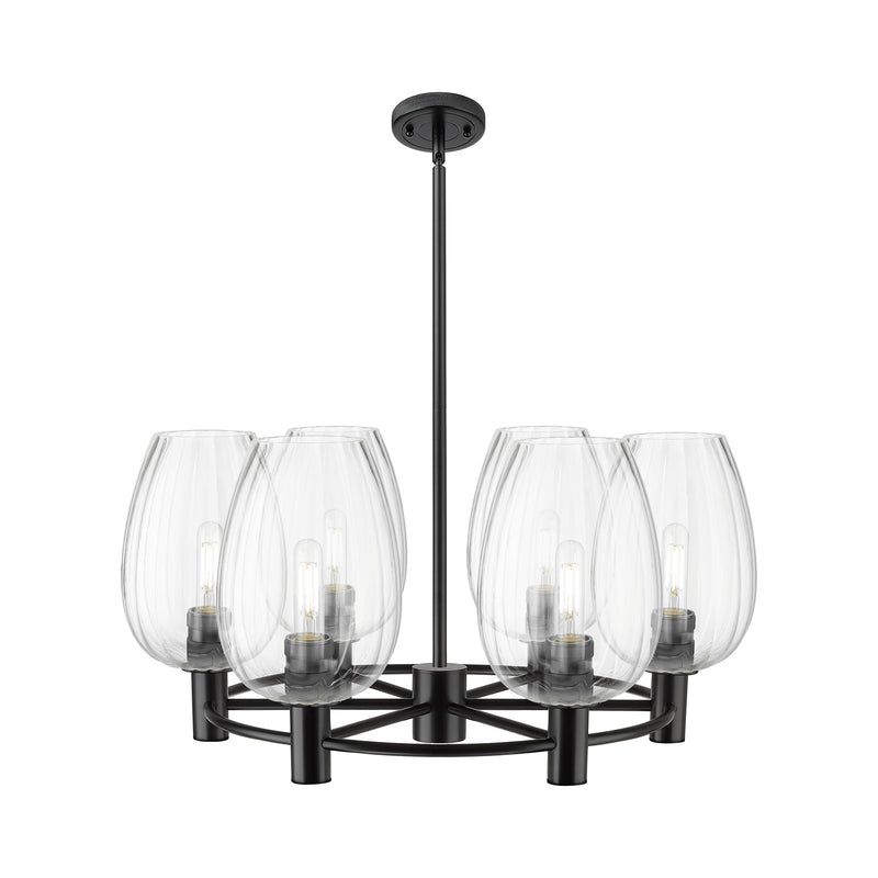 Innovations Preston Flute 26in 6-Light Chandelier | Industrial Matte Black and Clear Glass | Dining Room & Kitchen Island | Model 434-6CR-BK-G457-6CL