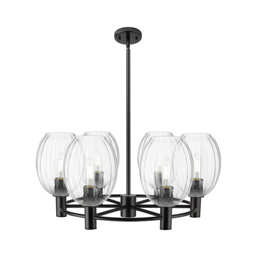 Innovations Preston Bulb 26in 6-Light Chandelier | Industrial Matte Black and Clear Glass | Dining Room & Kitchen Island | Model 434-6CR-BK-G459-6CL