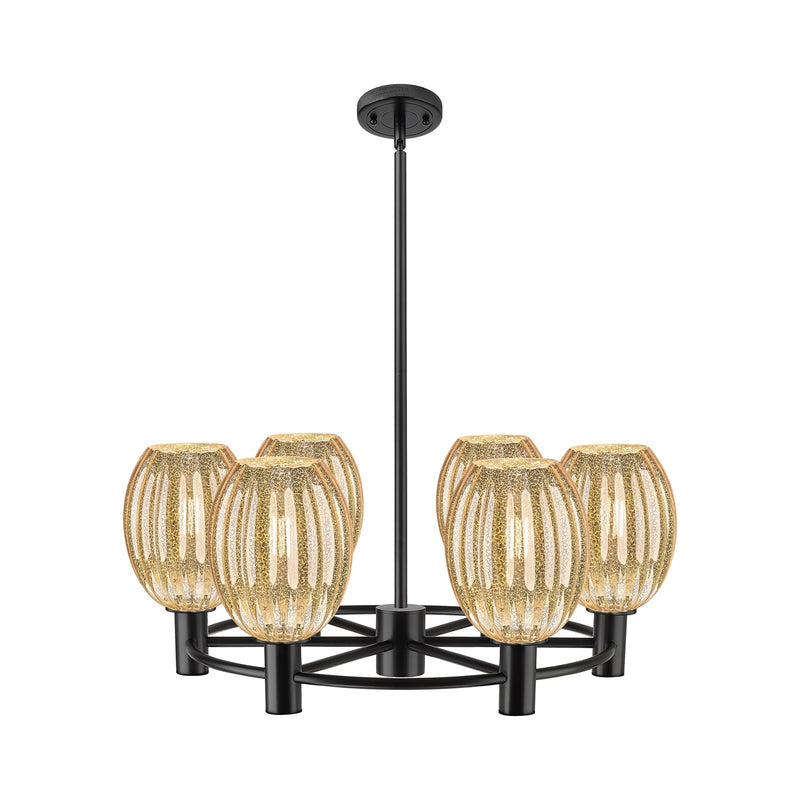 Innovations Preston Bulb 26in 6-Light Chandelier | Industrial Matte Black and Mercury Glass | Dining Room & Kitchen | Model 434-6CR-BK-G459-6ME