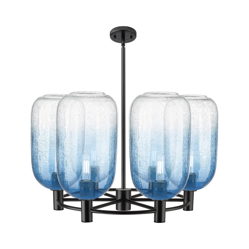 Innovations Brookhaven Cloche 27in 6-Light Chandelier | Industrial Matte Black and Sapphire Blue Glass | Kitchen Island | Model 434-6CR-BK-G482-7SB