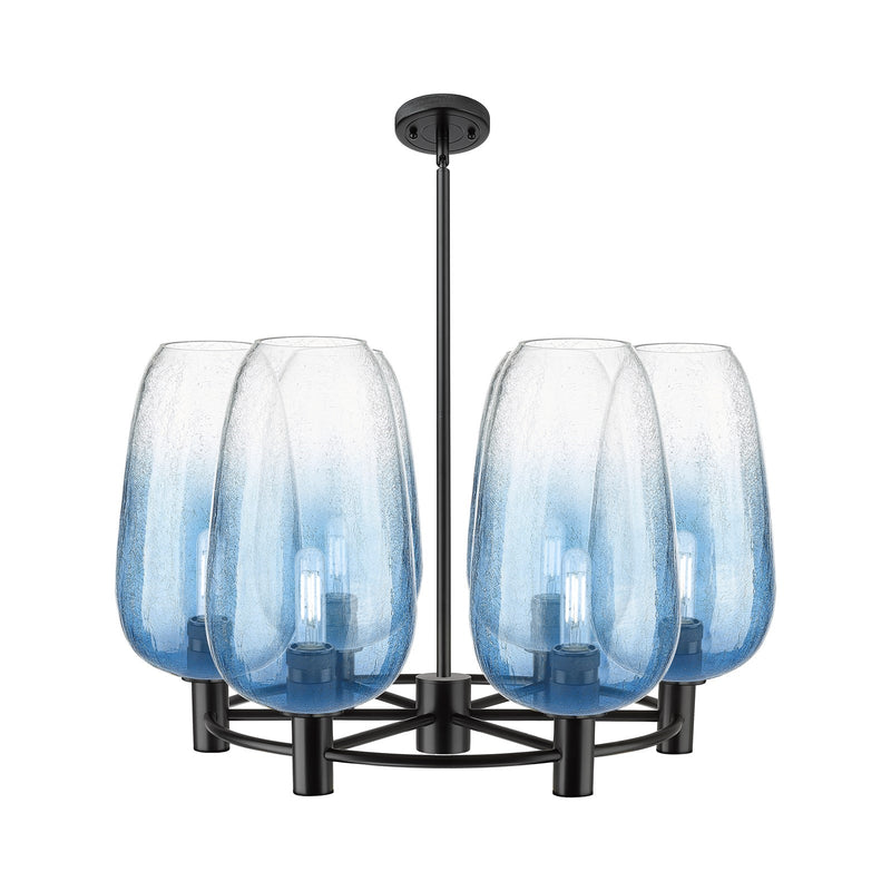 Innovations Brookhaven Flute 27in 6-Light Chandelier | Industrial Matte Black and Sapphire Blue Glass | Kitchen Island | Model 434-6CR-BK-G484-7SB