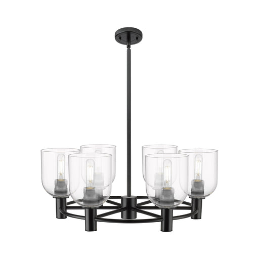 Innovations Bella 25in 6-Light Chandelier | Industrial Matte Black and Clear Glass | Kitchen Island & Dining Room | Model 434-6CR-BK-G558-6CL