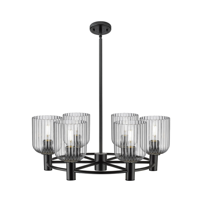 Innovations Crown Point 25in 6-Light Chandelier | Industrial Matte Black and Light Smoke Glass | Kitchen Island & Dining | Model 434-6CR-BK-G559-5SM