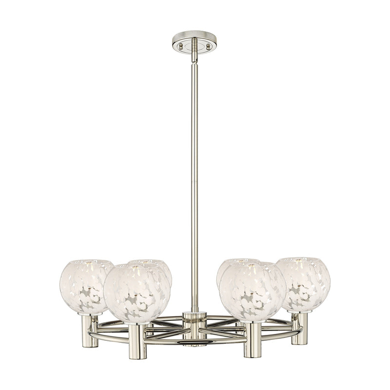 Innovations White Mouchette 26in 6-Light Chandelier | Industrial Polished Nickel and White Mouchette Glass | Dining Room | Model 434-6CR-PN-G1216-6WM