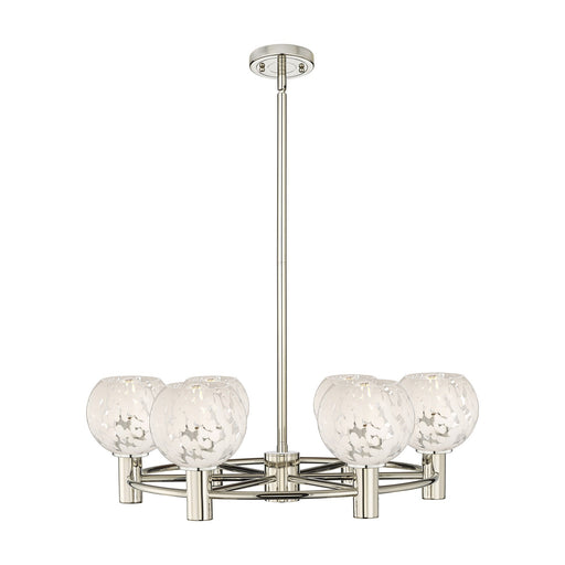 Innovations White Mouchette 26in 6-Light Chandelier | Industrial Polished Nickel and White Mouchette Glass | Dining Room | Model 434-6CR-PN-G1216-6WM