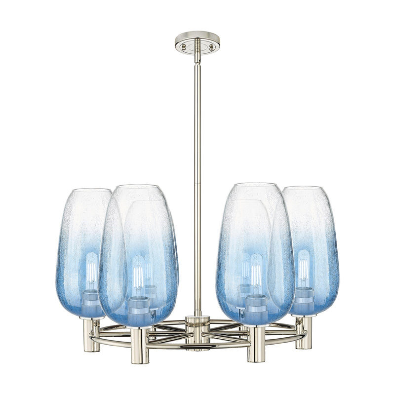 Innovations Brookhaven Flute 27in 6-Light Chandelier | Industrial Polished Nickel and Sapphire Blue Glass | Dining Room | Model 434-6CR-PN-G484-7SB