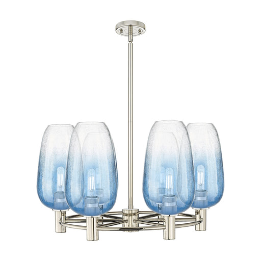 Innovations Brookhaven Flute 27in 6-Light Chandelier | Industrial Polished Nickel and Sapphire Blue Glass | Dining Room | Model 434-6CR-PN-G484-7SB