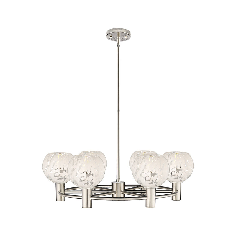 Innovations White Mouchette 26in 6-Light Chandelier | Industrial Satin Nickel and White Mouchette Glass | Dining Room | Model 434-6CR-SN-G1216-6WM