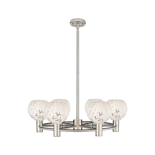Innovations White Mouchette 26in 6-Light Chandelier | Industrial Satin Nickel and White Mouchette Glass | Dining Room | Model 434-6CR-SN-G1216-6WM