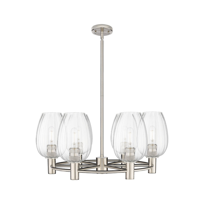 Innovations Preston Flute 26in 6-Light Chandelier | Industrial Satin Nickel and Clear Glass | Kitchen Island & Dining | Model 434-6CR-SN-G457-6CL