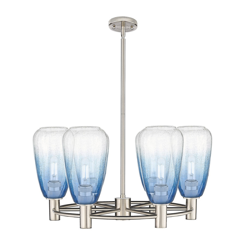 Innovations Brookhaven Almond 26in 6-Light Chandelier | Industrial Satin Nickel and Sapphire Blue Glass | Dining Room | Model 434-6CR-SN-G480-6SB