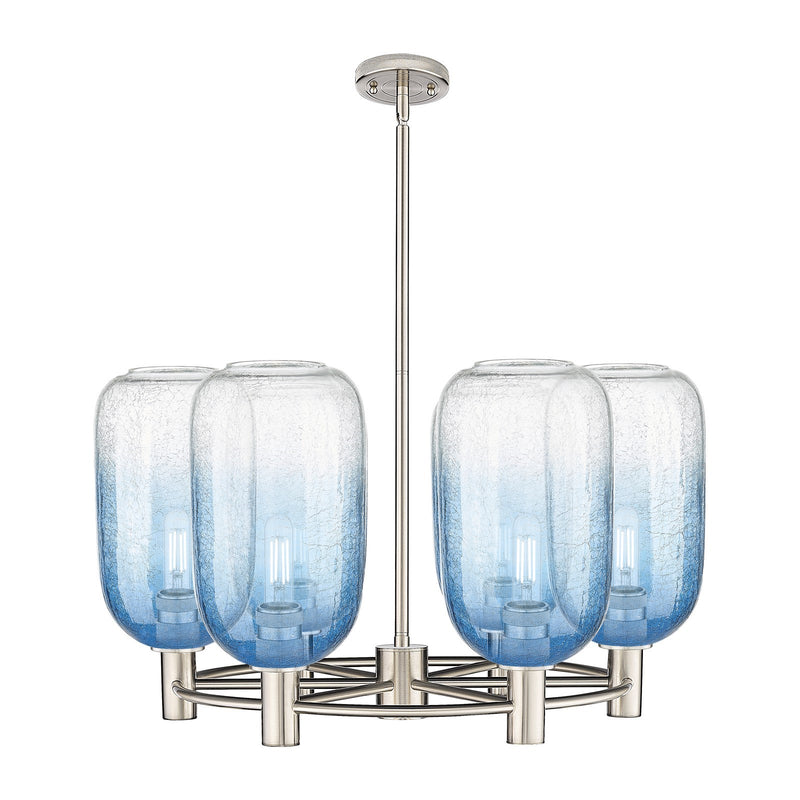 Innovations Brookhaven Cloche 27in 6-Light Chandelier | Industrial Satin Nickel and Sapphire Blue Glass | Kitchen Island | Model 434-6CR-SN-G482-7SB