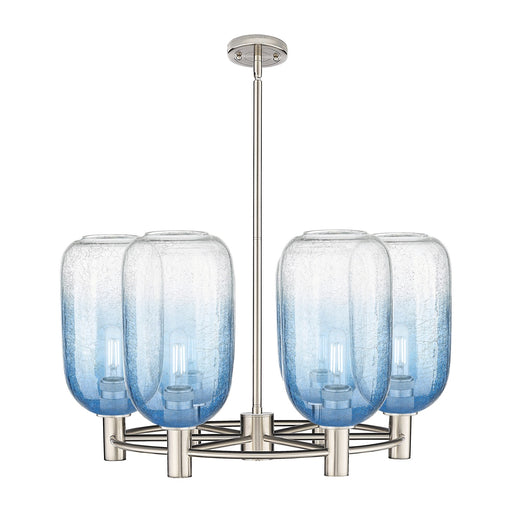 Innovations Brookhaven Cloche 27in 6-Light Chandelier | Industrial Satin Nickel and Sapphire Blue Glass | Kitchen Island | Model 434-6CR-SN-G482-7SB