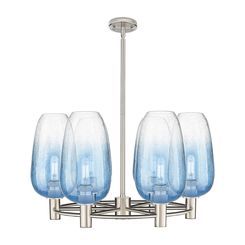 Innovations Brookhaven Flute 27in 6-Light Chandelier | Industrial Satin Nickel and Sapphire Blue Glass | Kitchen Island | Model 434-6CR-SN-G484-7SB