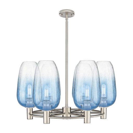 Innovations Brookhaven Flute 27in 6-Light Chandelier | Industrial Satin Nickel and Sapphire Blue Glass | Kitchen Island | Model 434-6CR-SN-G484-7SB