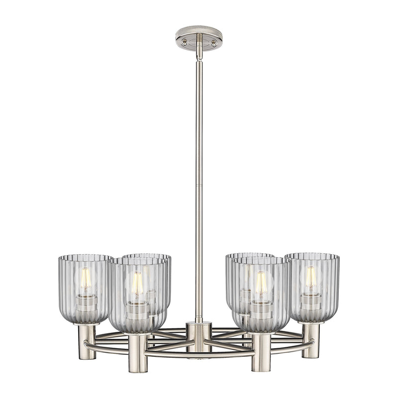Innovations Crown Point 25in 6-Light Chandelier | Industrial Satin Nickel and Light Smoke Glass | Dining Room & Kitchen | Model 434-6CR-SN-G559-5SM