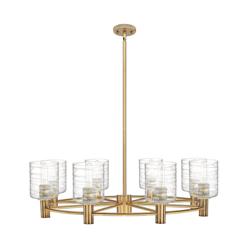 Innovations Cobbleskill 34.62in 8-Light Chandelier | Industrial Brushed Brass and Deco Swirl Glass | Dining Room & Kitchen | Model 434-8CR-BB-G1113