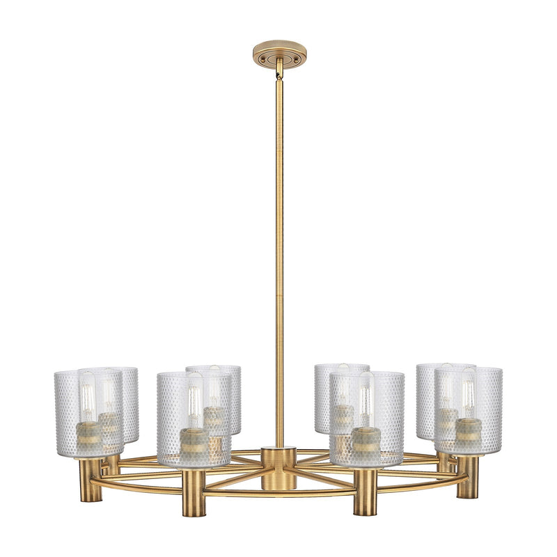 Innovations Cobbleskill 34.62in 8-Light Chandelier | Industrial Brushed Brass and Clear Glass | Dining Room & Kitchen Island | Model 434-8CR-BB-G112