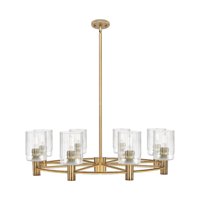 Innovations Hadley 34in 8-Light Chandelier | Industrial Brushed Brass and Clear Ribbed Glass | Dining Room & Living Room | Model 434-8CR-BB-G342