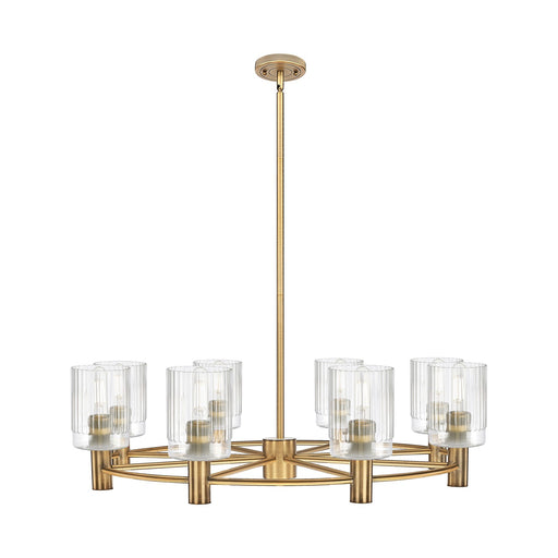 Innovations Hadley 34in 8-Light Chandelier | Industrial Brushed Brass and Clear Ribbed Glass | Dining Room & Living Room | Model 434-8CR-BB-G342