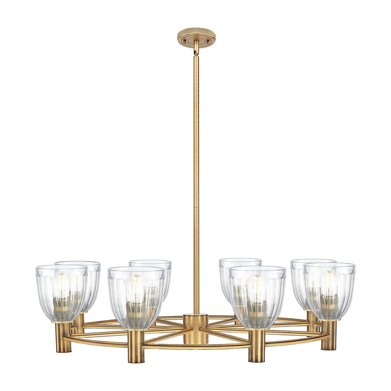 Innovations Brookfield 35in 8-Light Chandelier | Industrial Brushed Brass and Clear Ribbed Glass | Dining Room & Kitchen | Model 434-8CR-BB-G442