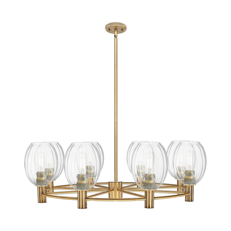 Innovations Preston Bulb 36in 8-Light Chandelier | Industrial Brushed Brass and Clear Glass | Kitchen Island & Dining | Model 434-8CR-BB-G459-6CL