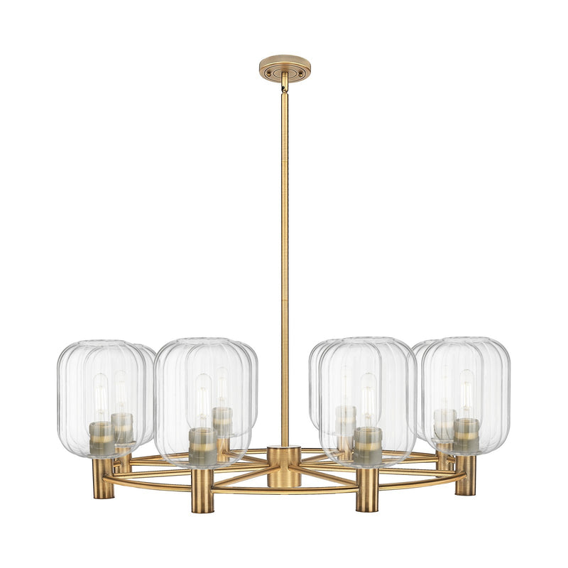 Innovations Preston Cylinder 36in 8-Light Chandelier | Industrial Brushed Brass and Clear Glass | Kitchen Island & Dining | Model 434-8CR-BB-G460-7CL