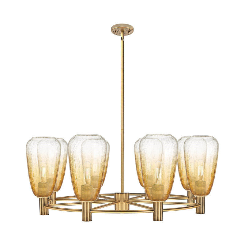 Innovations Brookhaven Almond 36in 8-Light Chandelier | Industrial Brushed Brass and Amber Glass | Dining Room & Foyer | Model 434-8CR-BB-G480-6AM