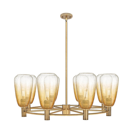 Innovations Brookhaven Almond 36in 8-Light Chandelier | Industrial Brushed Brass and Amber Glass | Dining Room & Foyer | Model 434-8CR-BB-G480-6AM