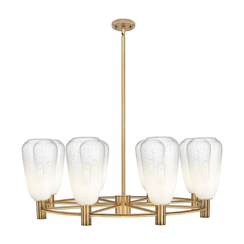 Innovations Brookhaven Almond 36in 8-Light Chandelier | Industrial Brushed Brass and Opal Glass | Dining Room & Foyer | Model 434-8CR-BB-G480-6OP