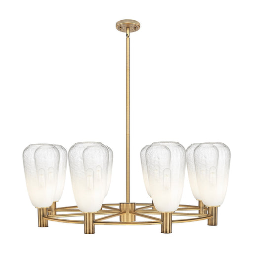 Innovations Brookhaven Almond 36in 8-Light Chandelier | Industrial Brushed Brass and Opal Glass | Dining Room & Foyer | Model 434-8CR-BB-G480-6OP