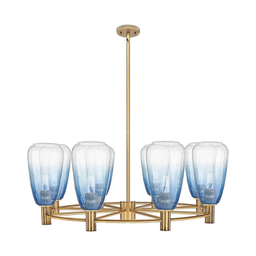 Innovations Brookhaven Almond 36in 8-Light Chandelier | Industrial Brushed Brass and Sapphire Blue Glass | Dining Room | Model 434-8CR-BB-G480-6SB