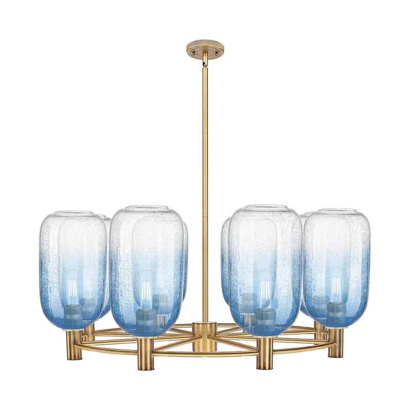 Innovations Brookhaven Cloche 36in 8-Light Chandelier | Industrial Brushed Brass and Sapphire Blue Glass | Dining Room | Model 434-8CR-BB-G482-7SB