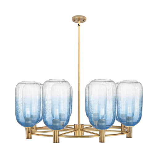 Innovations Brookhaven Cloche 36in 8-Light Chandelier | Industrial Brushed Brass and Sapphire Blue Glass | Dining Room | Model 434-8CR-BB-G482-7SB