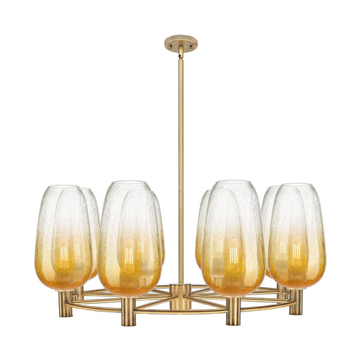 Innovations Brookhaven Flute 37in 8-Light Chandelier | Industrial Brushed Brass and Amber Glass | Dining Room & Foyer | Model 434-8CR-BB-G484-7AM