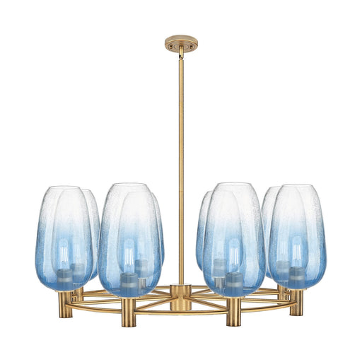 Innovations Brookhaven Flute 37in 8-Light Chandelier | Industrial Brushed Brass and Sapphire Blue Glass | Dining Room | Model 434-8CR-BB-G484-7SB