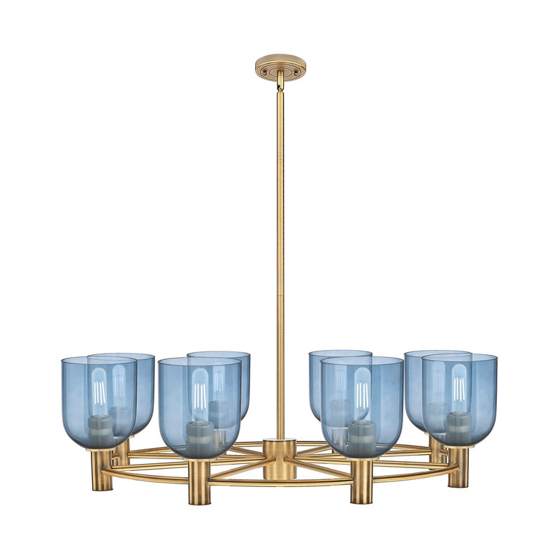 Innovations Bella 35in 8-Light Chandelier | Industrial Brushed Brass and Blue Glass | Dining Room & Kitchen Island | Model 434-8CR-BB-G558-6BL