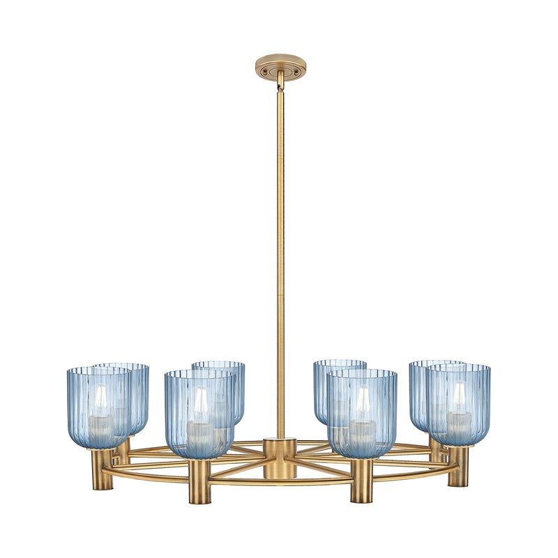 Innovations Crown Point 35in 8-Light Chandelier | Industrial Brushed Brass and Princess Blue Glass | Dining Room | Model 434-8CR-BB-G559-5BL
