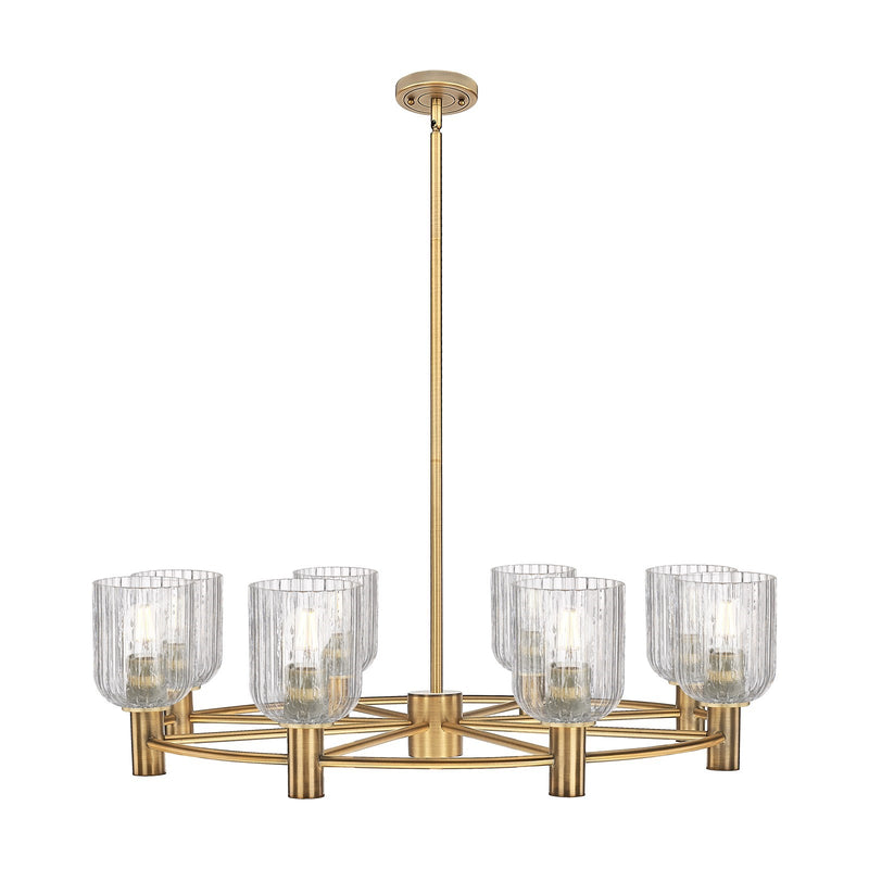 Innovations Crown Point 35in 8-Light Chandelier | Industrial Brushed Brass and Clear Glass | Dining Room & Kitchen Island | Model 434-8CR-BB-G559-5CL