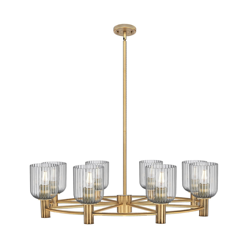 Innovations Crown Point 35in 8-Light Chandelier | Industrial Brushed Brass and Light Smoke Glass | Dining Room & Kitchen | Model 434-8CR-BB-G559-5SM