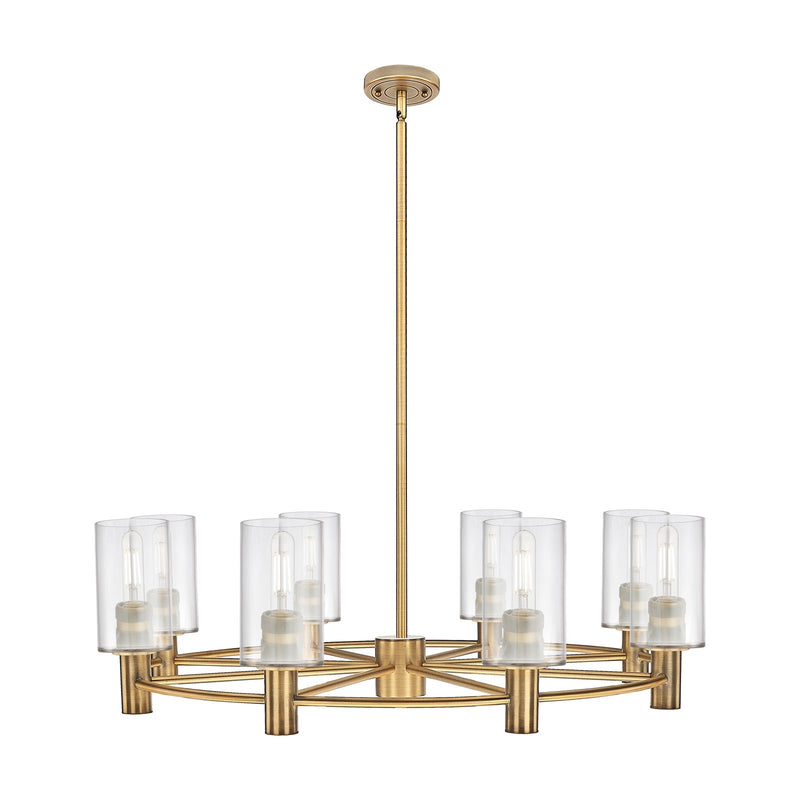Innovations Clymer 34in 8-Light Chandelier | Industrial Brushed Brass and Clear Glass | Dining Room & Foyer | Model 434-8CR-BB-G802