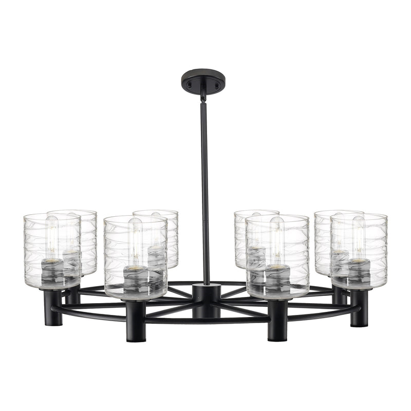 Innovations Cobbleskill 35in 8-Light Chandelier | Industrial Matte Black and Deco Swirl Glass | Dining Room & Kitchen Island | Model 434-8CR-BK-G1113