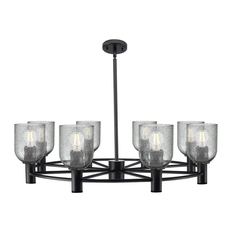 Innovations Caledonia 34.6in 8-Light Chandelier | Industrial Matte Black and Charcoal Glass | Dining Room & Entryway | Model 434-8CR-BK-G257