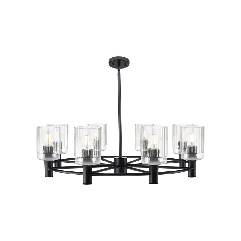 Innovations Hadley 34in 8-Light Chandelier | Industrial Matte Black and Clear Ribbed Glass | Dining Room & Living Room | Model 434-8CR-BK-G342