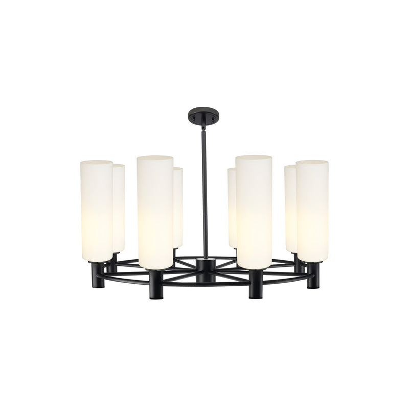 Innovations Crown Point 32in 8-Light Chandelier | Industrial Matte Black and White Frosted Glass | Dining Room & Kitchen | Model 434-8CR-BK-G434-12WH