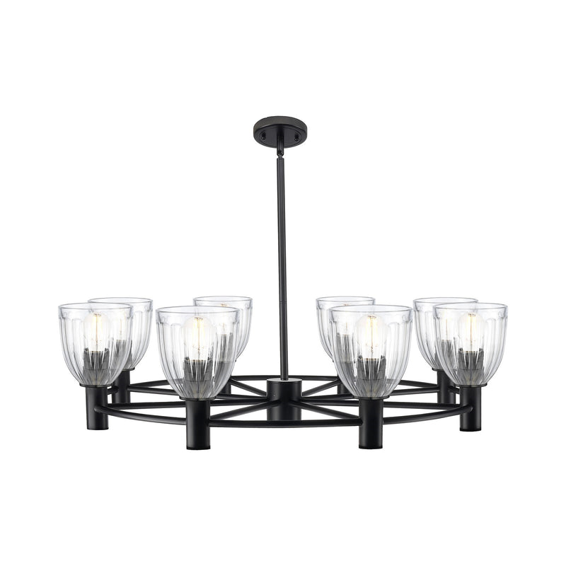 Innovations Brookfield 35in 8-Light Chandelier | Industrial Matte Black and Clear Ribbed Glass | Dining Room & Kitchen Island | Model 434-8CR-BK-G442