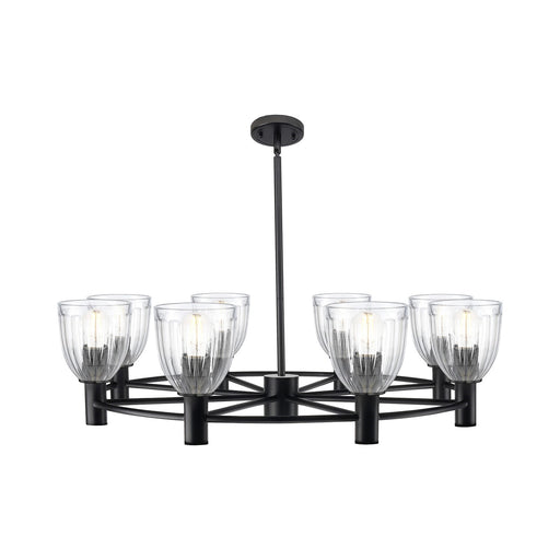 Innovations Brookfield 35in 8-Light Chandelier | Industrial Matte Black and Clear Ribbed Glass | Dining Room & Kitchen Island | Model 434-8CR-BK-G442