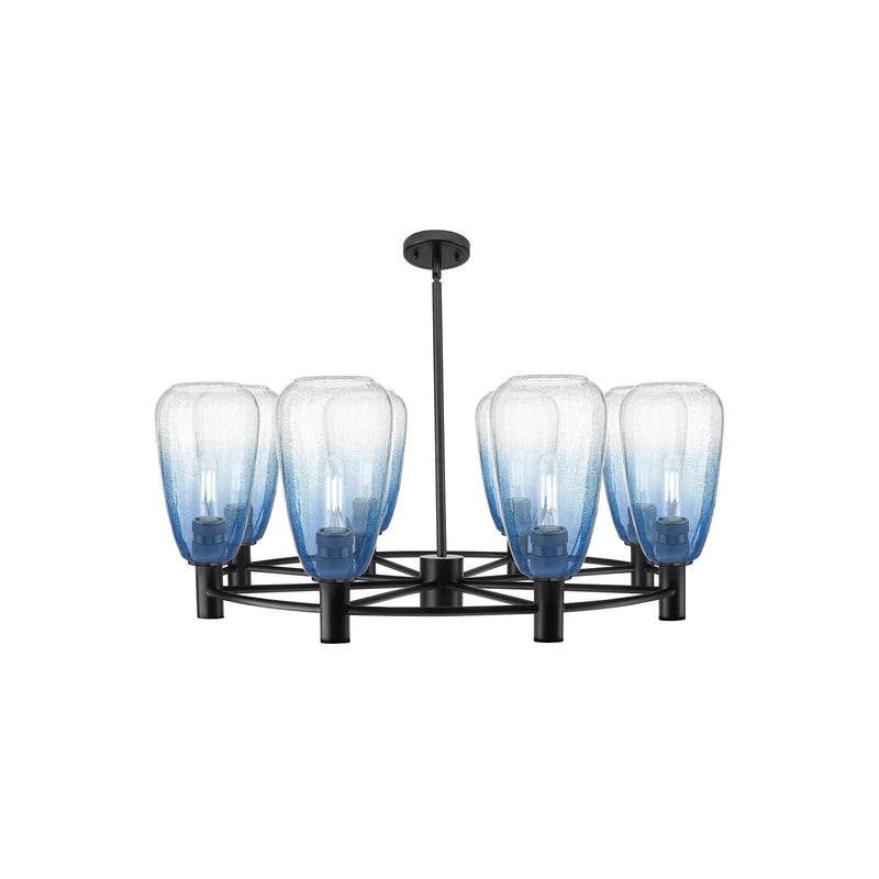 Innovations Brookhaven Almond 36in 8-Light Chandelier | Industrial Matte Black and Sapphire Blue Glass | Dining Room | Model 434-8CR-BK-G480-6SB