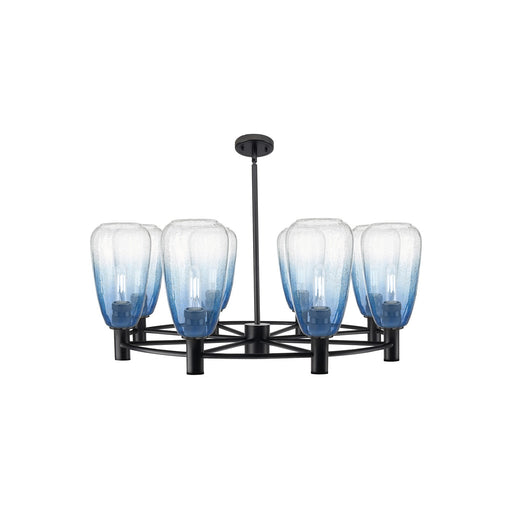 Innovations Brookhaven Almond 36in 8-Light Chandelier | Industrial Matte Black and Sapphire Blue Glass | Dining Room | Model 434-8CR-BK-G480-6SB