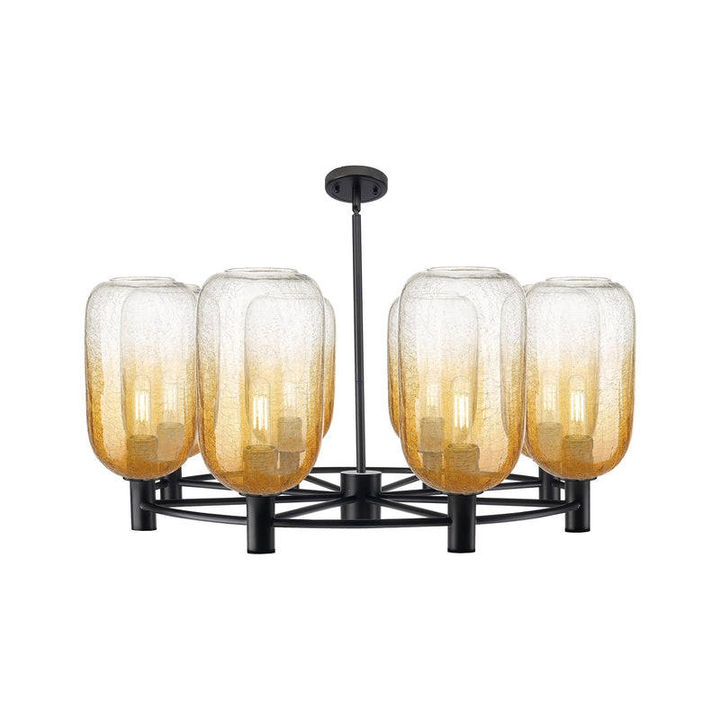 Innovations Brookhaven Cloche 37in 8-Light Chandelier | Industrial Matte Black and Amber Glass | Dining Room & Foyer | Model 434-8CR-BK-G482-7AM